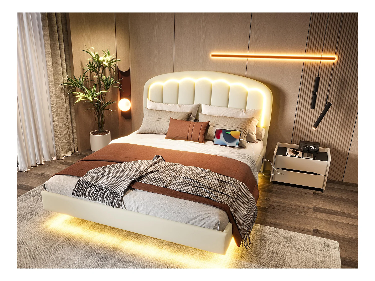 Lit Coffre Rembourré 140×200 cm PU – Effet Flottant du Cadre - Tête de Lit Pétale - avec LED – Ports USB/USB‑C – Rangement sous Sommier – Style Contemporain
