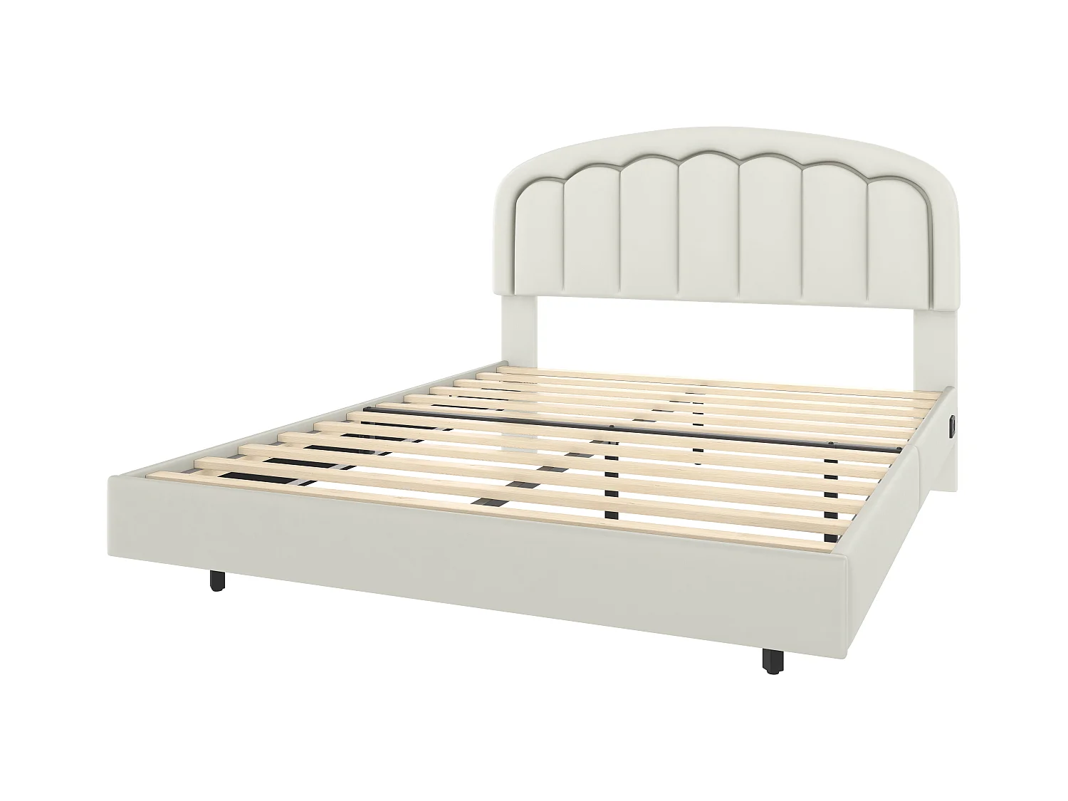 Lit Coffre Rembourré 140×200 cm PU – Effet Flottant du Cadre - Tête de Lit Pétale - avec LED – Ports USB/USB‑C – Rangement sous Sommier – Style Contemporain