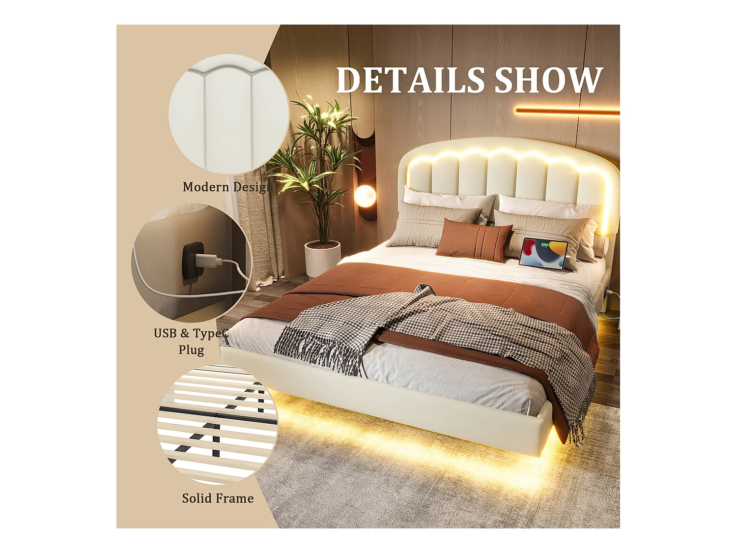 Lit Coffre Rembourré 140×200 cm PU – Effet Flottant du Cadre - Tête de Lit Pétale - avec LED – Ports USB/USB‑C – Rangement sous Sommier – Style Contemporain