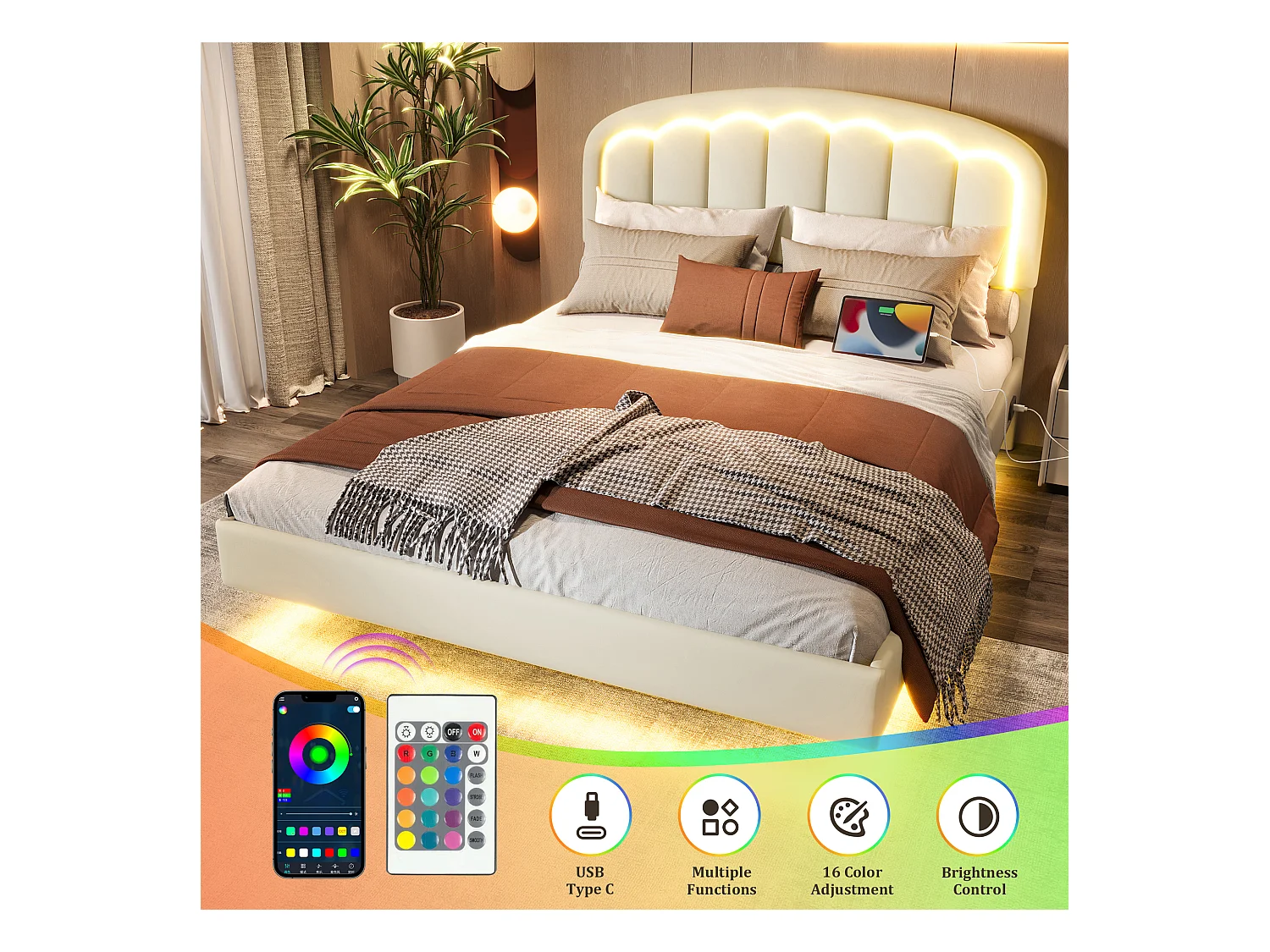 Lit Coffre Rembourré 140×200 cm PU – Effet Flottant du Cadre - Tête de Lit Pétale - avec LED – Ports USB/USB‑C – Rangement sous Sommier – Style Contemporain