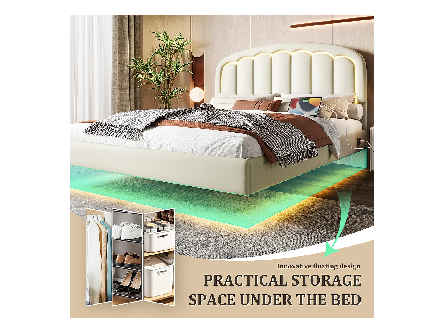 Lit Coffre Rembourré 140×200 cm PU – Effet Flottant du Cadre - Tête de Lit Pétale - avec LED – Ports USB/USB‑C – Rangement sous Sommier – Style Contemporain