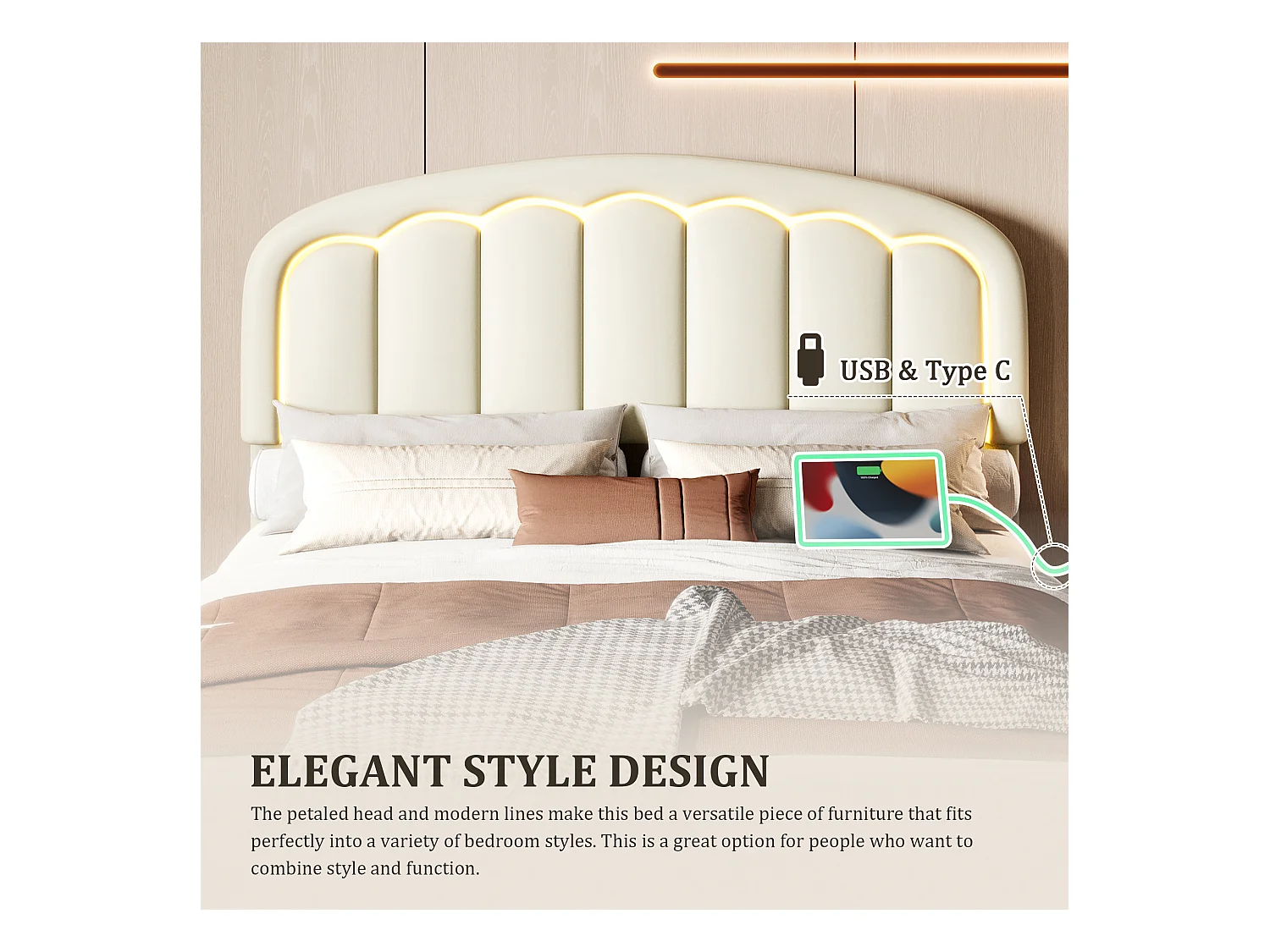 Lit Coffre Rembourré 140×200 cm PU – Effet Flottant du Cadre - Tête de Lit Pétale - avec LED – Ports USB/USB‑C – Rangement sous Sommier – Style Contemporain