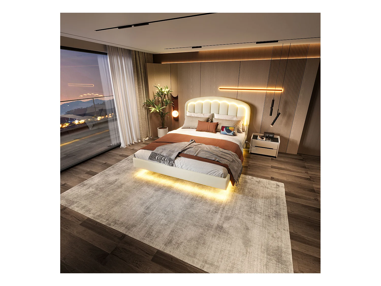 Lit Coffre Rembourré 140×200 cm PU – Effet Flottant du Cadre - Tête de Lit Pétale - avec LED – Ports USB/USB‑C – Rangement sous Sommier – Style Contemporain