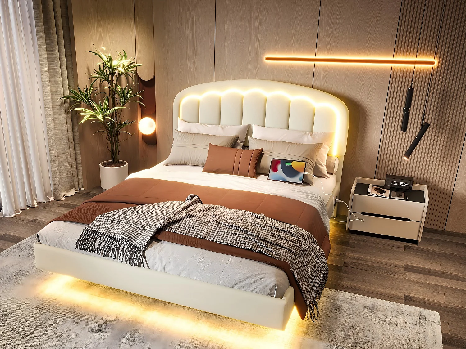 Lit Coffre Rembourré 140×200 cm PU – Effet Flottant du Cadre - Tête de Lit Pétale - avec LED – Ports USB/USB‑C – Rangement sous Sommier – Style Contemporain