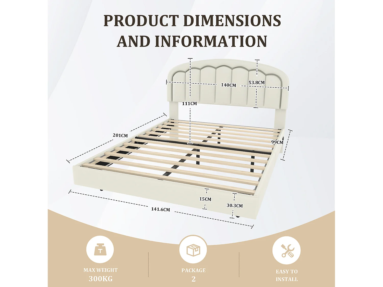 Lit Coffre Rembourré 140×200 cm PU – Effet Flottant du Cadre - Tête de Lit Pétale - avec LED – Ports USB/USB‑C – Rangement sous Sommier – Style Contemporain