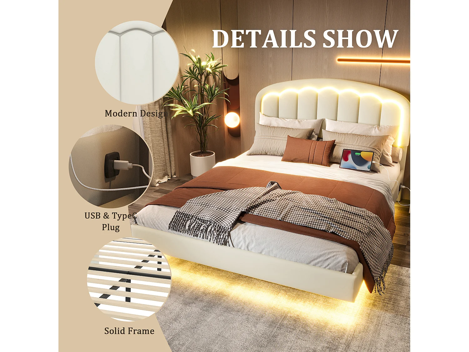 Lit Coffre Rembourré 140×200 cm PU – Effet Flottant du Cadre - Tête de Lit Pétale - avec LED – Ports USB/USB‑C – Rangement sous Sommier – Style Contemporain