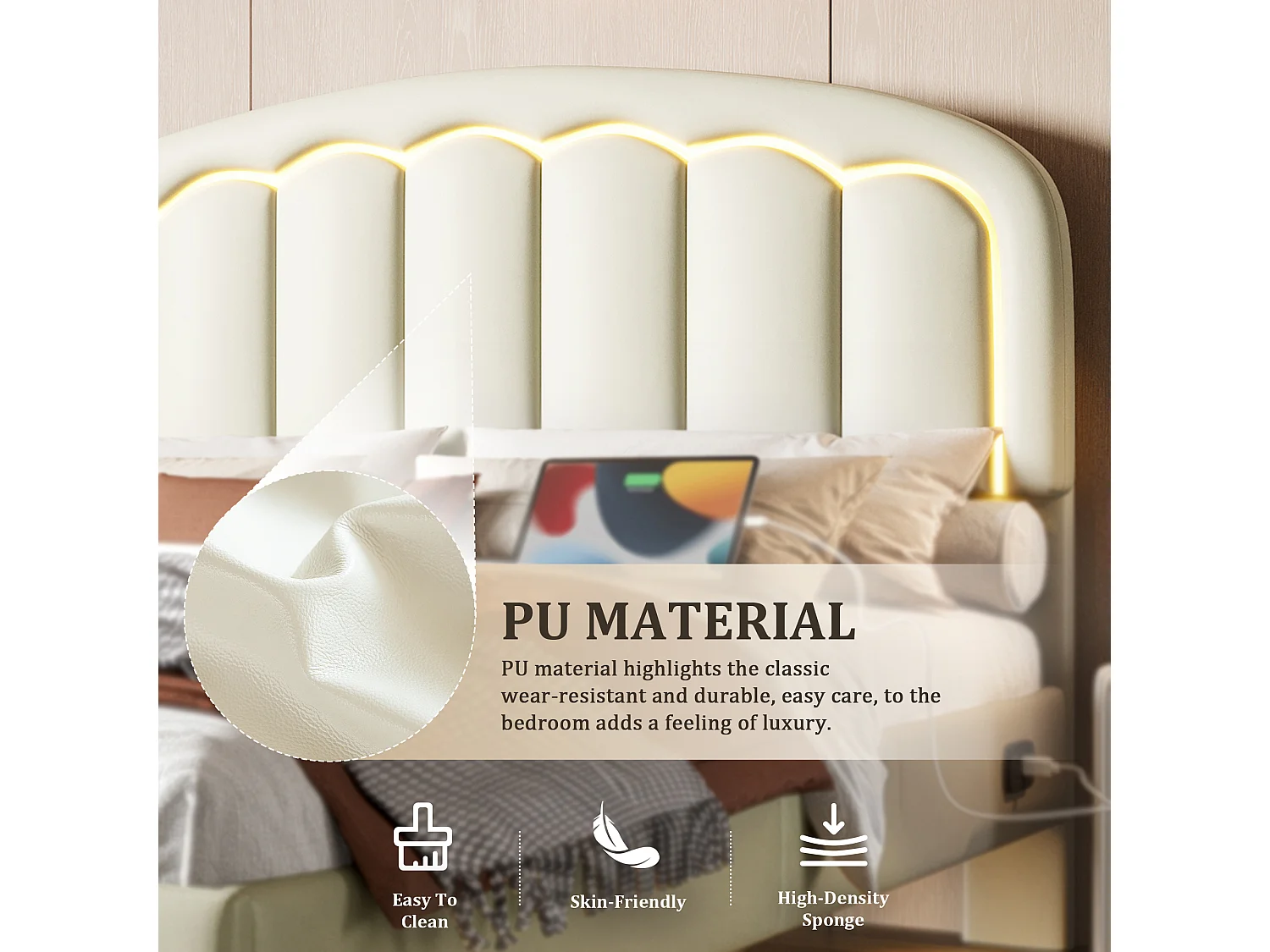 Lit Coffre Rembourré 140×200 cm PU – Effet Flottant du Cadre - Tête de Lit Pétale - avec LED – Ports USB/USB‑C – Rangement sous Sommier – Style Contemporain