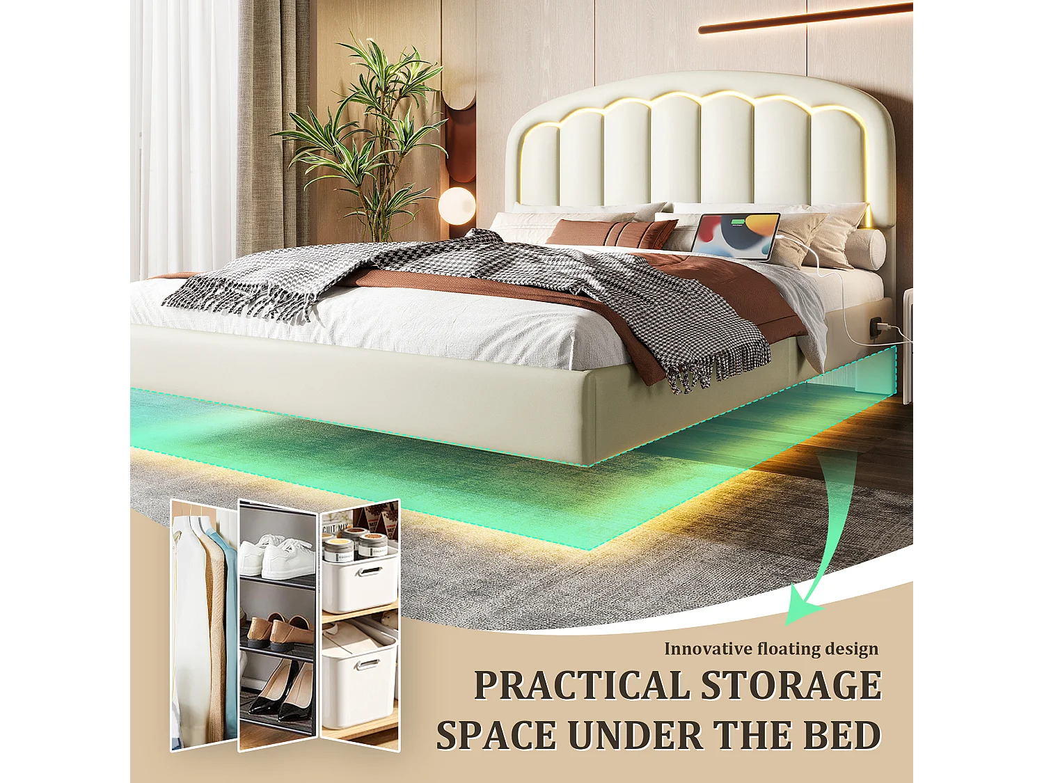 Lit Coffre Rembourré 140×200 cm PU – Effet Flottant du Cadre - Tête de Lit Pétale - avec LED – Ports USB/USB‑C – Rangement sous Sommier – Style Contemporain