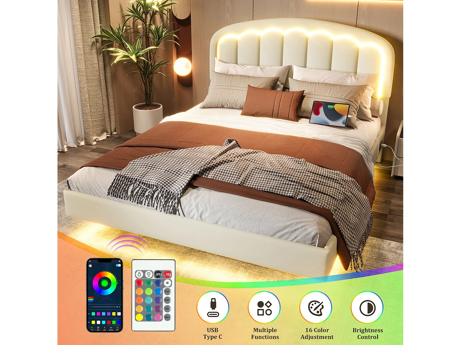 Lit Coffre Rembourré 140×200 cm PU – Effet Flottant du Cadre - Tête de Lit Pétale - avec LED – Ports USB/USB‑C – Rangement sous Sommier – Style Contemporain