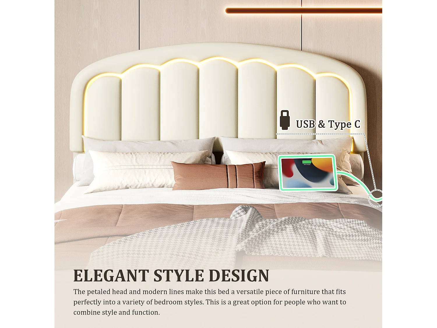 Lit Coffre Rembourré 140×200 cm PU – Effet Flottant du Cadre - Tête de Lit Pétale - avec LED – Ports USB/USB‑C – Rangement sous Sommier – Style Contemporain