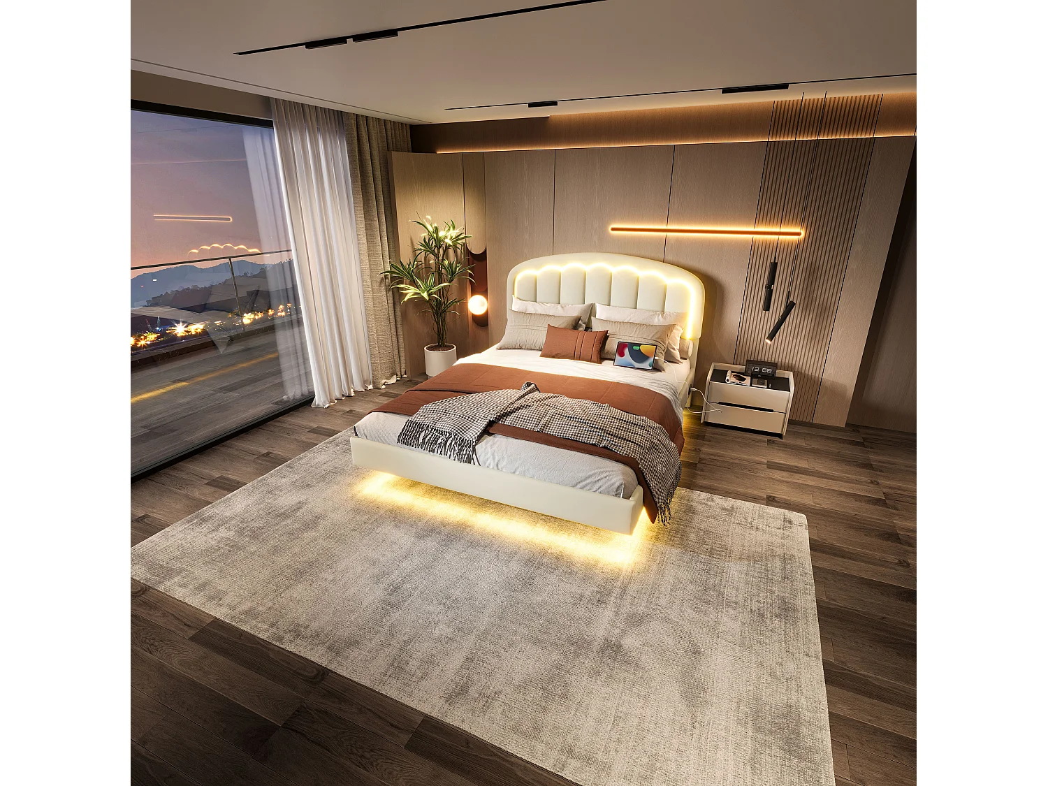 Lit Coffre Rembourré 140×200 cm PU – Effet Flottant du Cadre - Tête de Lit Pétale - avec LED – Ports USB/USB‑C – Rangement sous Sommier – Style Contemporain