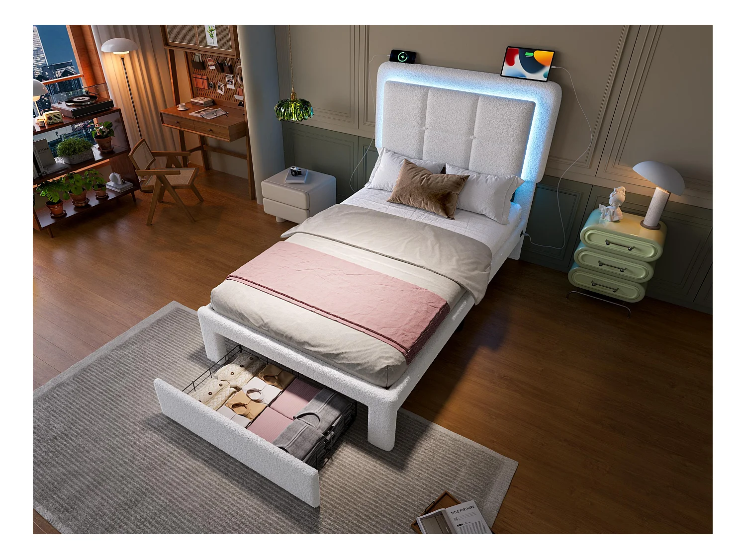 Lit coffre rembourré 90×200 cm en velours teddy blanc - avec tête de lit haute capitonnée - LED intégrées et un tiroir de rangement