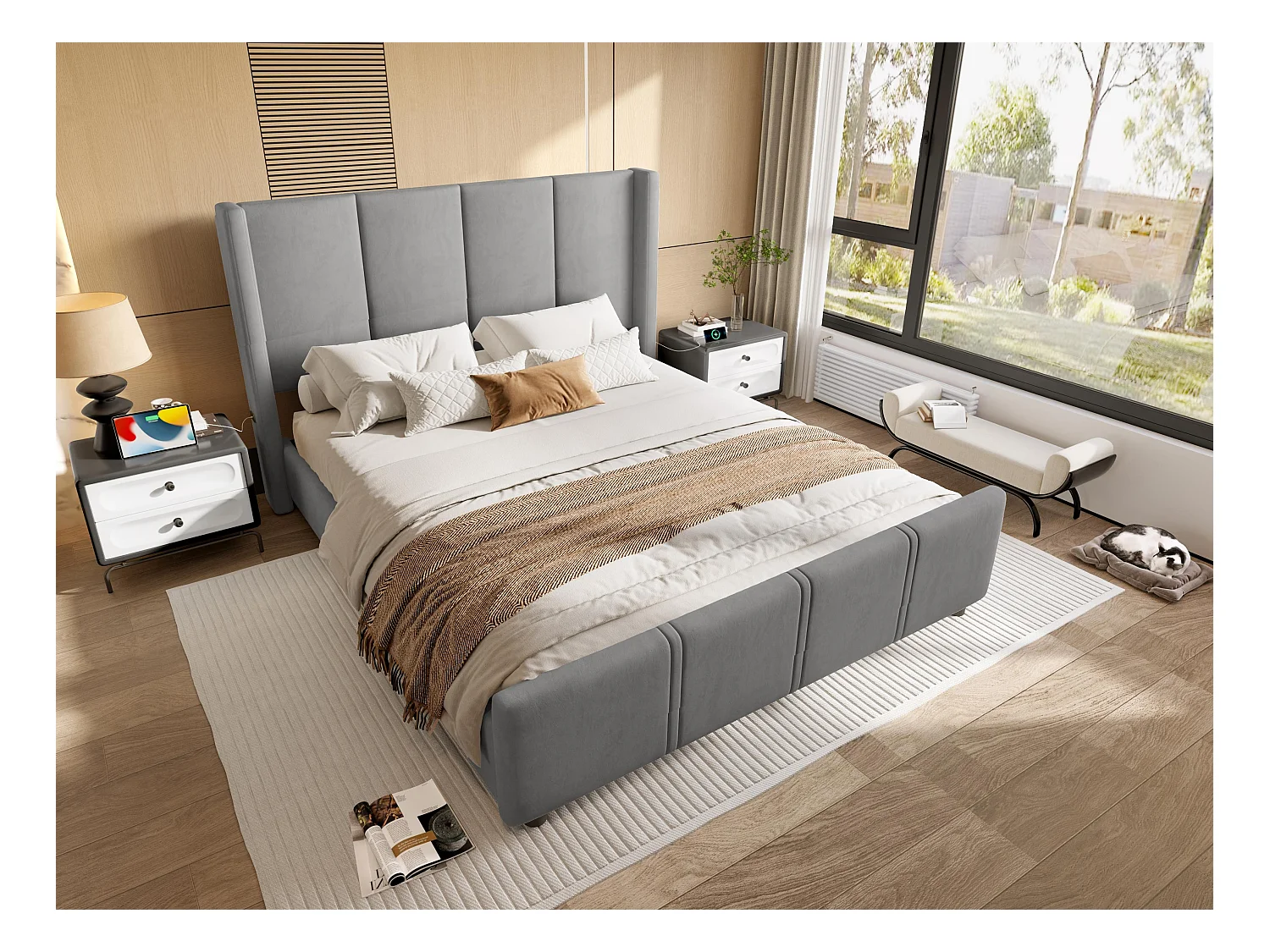 Lit Coffre Rembourré 160×200 Cm Velours Gris– Grand Tête De Lit - avec LED – Ports USB/USB‑C – Style Contemporain