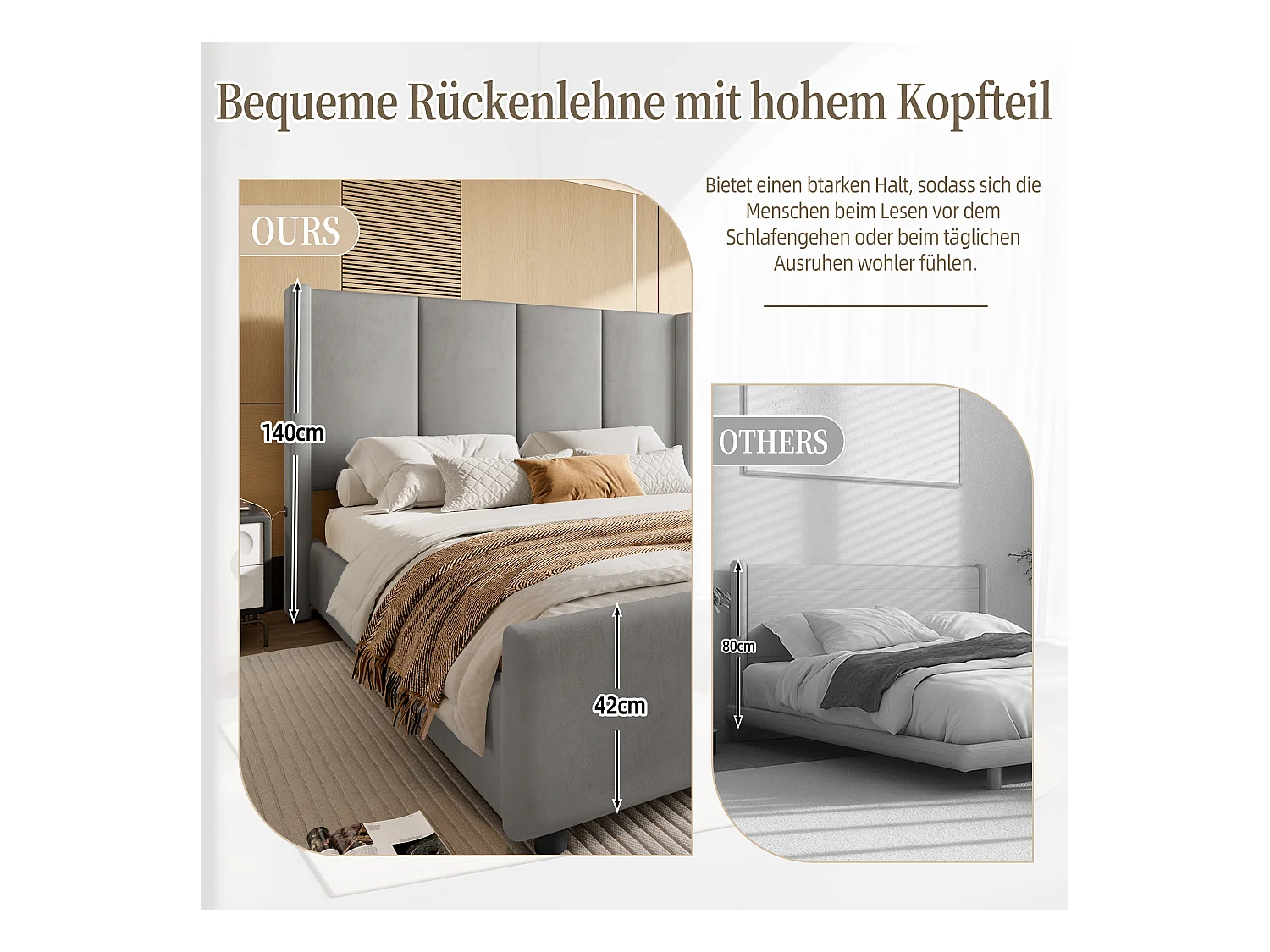 Lit Coffre Rembourré 160×200 Cm Velours Gris– Grand Tête De Lit - avec LED – Ports USB/USB‑C – Style Contemporain