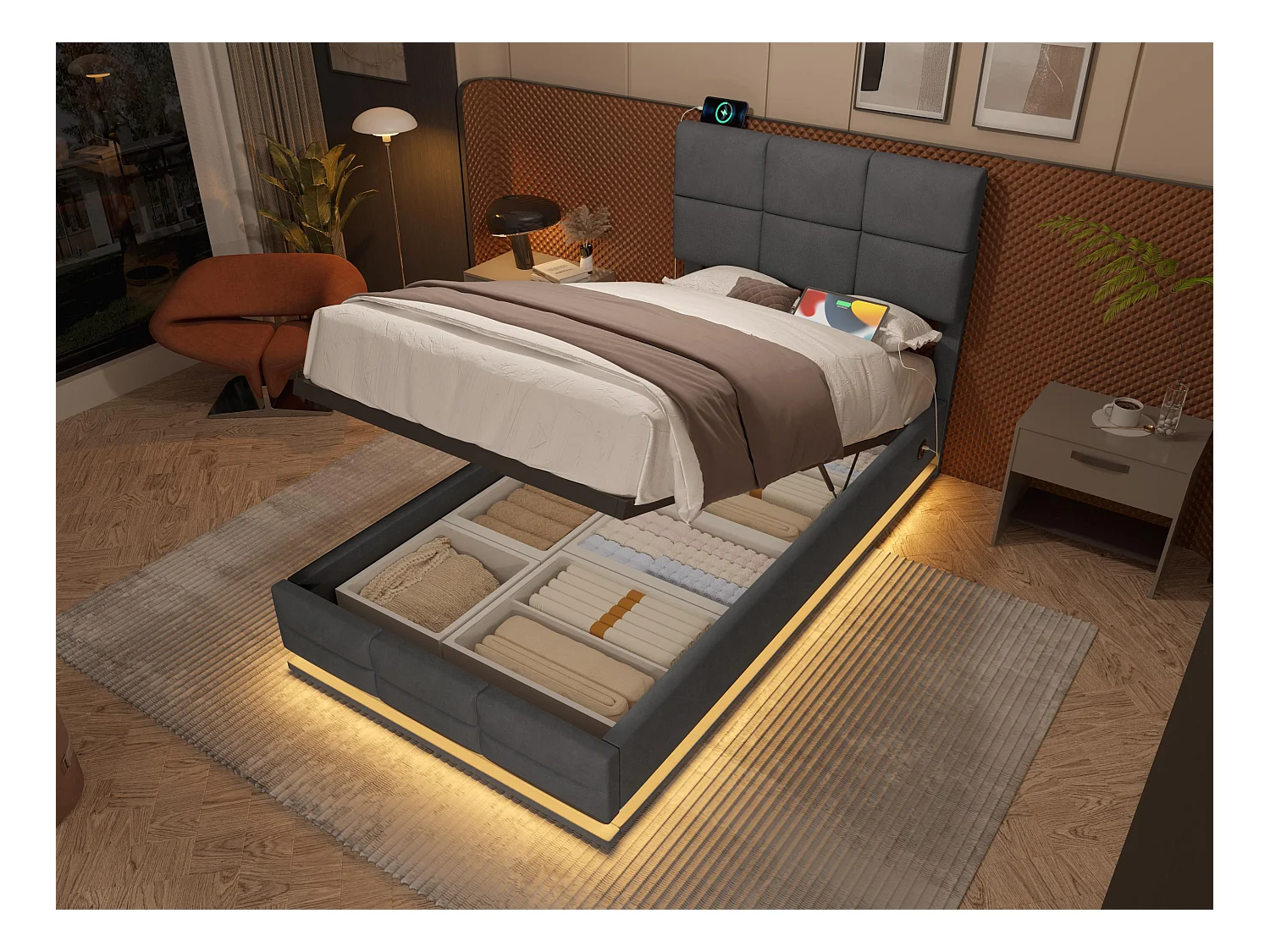 Opbergbed 90×200cm Grijs Fluweel - Gestoffeerd Bed - Afstandsbediening LED + USB-poort - Hydraulische Opbergruimte - Moderne Stijl met Gewatteerd Patroon