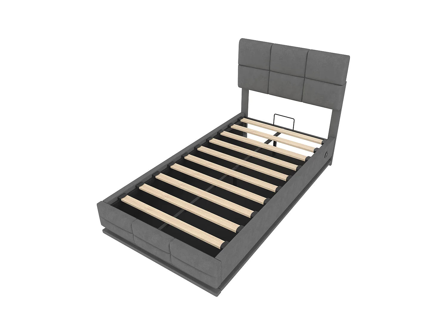 Opbergbed 90×200cm Grijs Fluweel - Gestoffeerd Bed - Afstandsbediening LED + USB-poort - Hydraulische Opbergruimte - Moderne Stijl met Gewatteerd Patroon