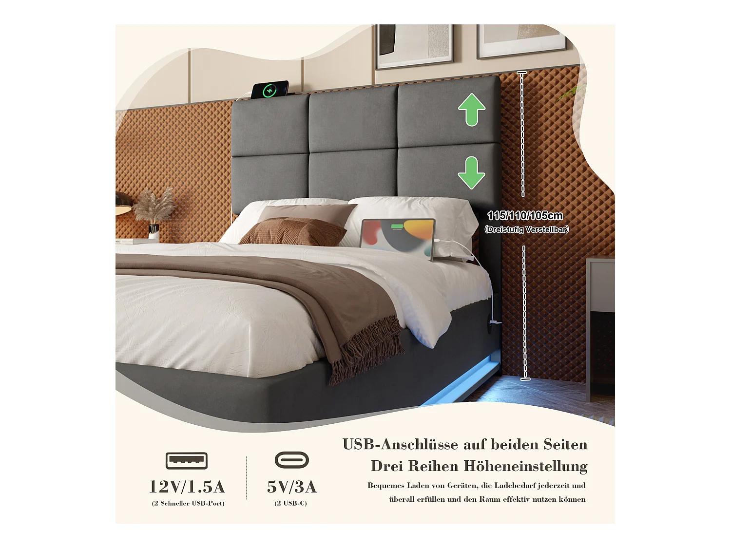 Opbergbed 90×200cm Grijs Fluweel - Gestoffeerd Bed - Afstandsbediening LED + USB-poort - Hydraulische Opbergruimte - Moderne Stijl met Gewatteerd Patroon