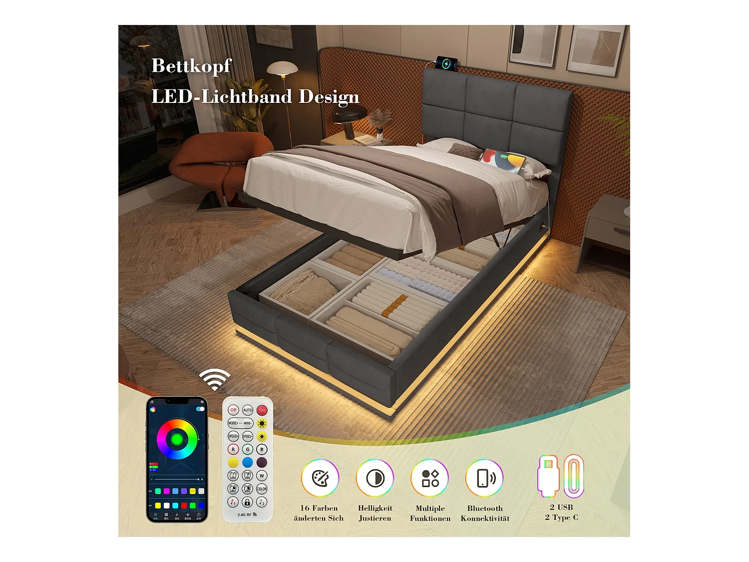 Opbergbed 90×200cm Grijs Fluweel - Gestoffeerd Bed - Afstandsbediening LED + USB-poort - Hydraulische Opbergruimte - Moderne Stijl met Gewatteerd Patroon