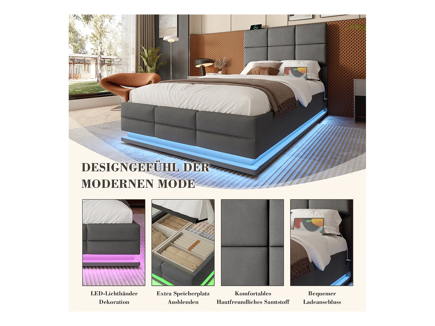 Opbergbed 90×200cm Grijs Fluweel - Gestoffeerd Bed - Afstandsbediening LED + USB-poort - Hydraulische Opbergruimte - Moderne Stijl met Gewatteerd Patroon