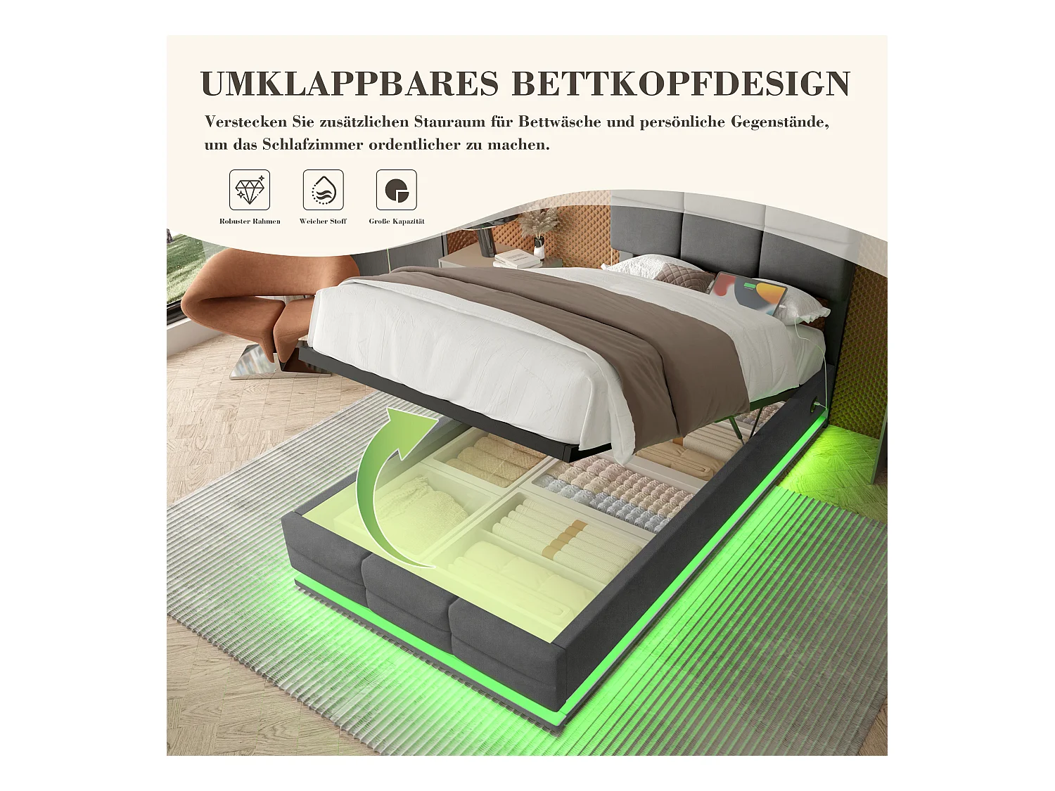 Opbergbed 90×200cm Grijs Fluweel - Gestoffeerd Bed - Afstandsbediening LED + USB-poort - Hydraulische Opbergruimte - Moderne Stijl met Gewatteerd Patroon