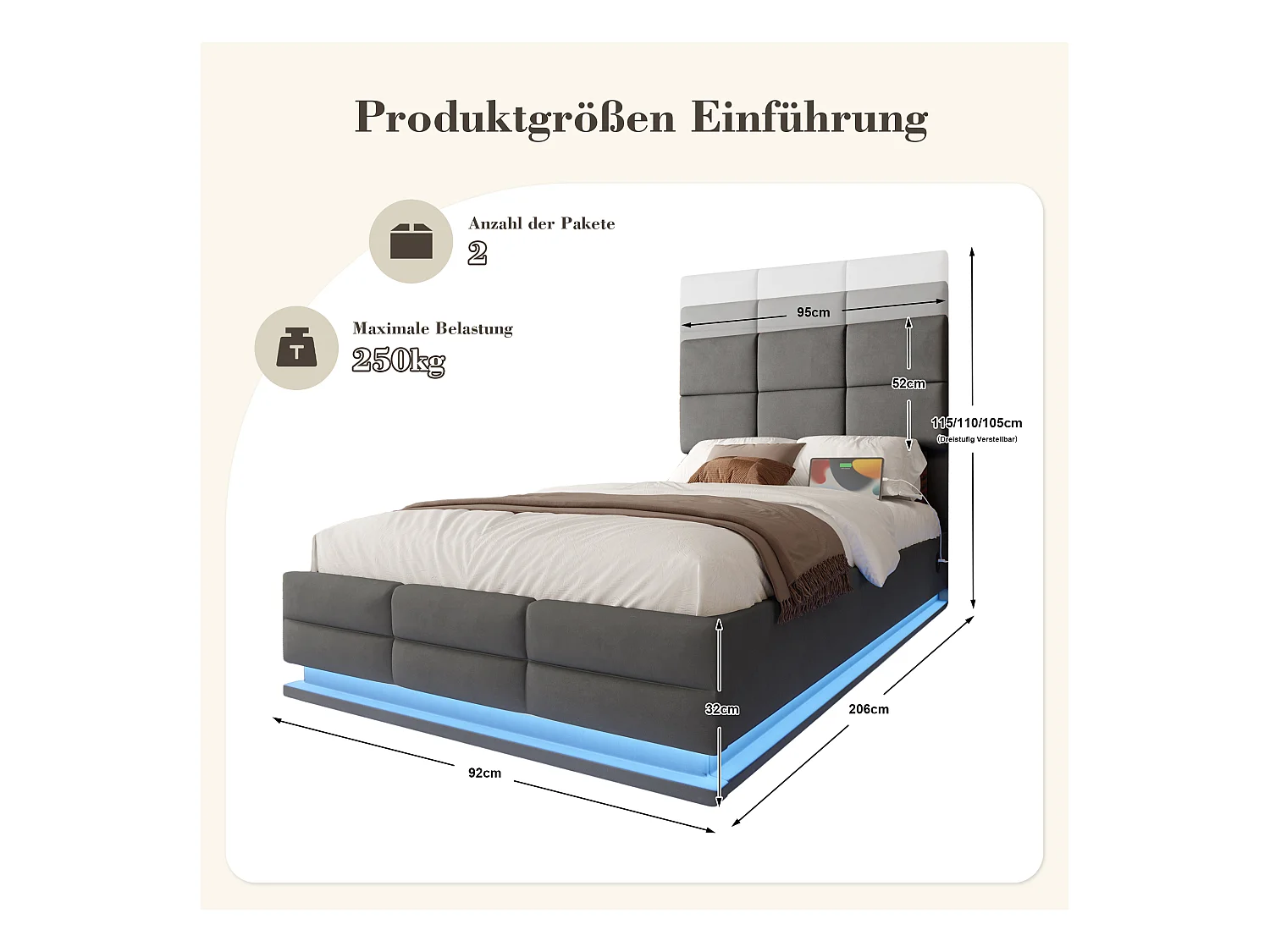 Opbergbed 90×200cm Grijs Fluweel - Gestoffeerd Bed - Afstandsbediening LED + USB-poort - Hydraulische Opbergruimte - Moderne Stijl met Gewatteerd Patroon