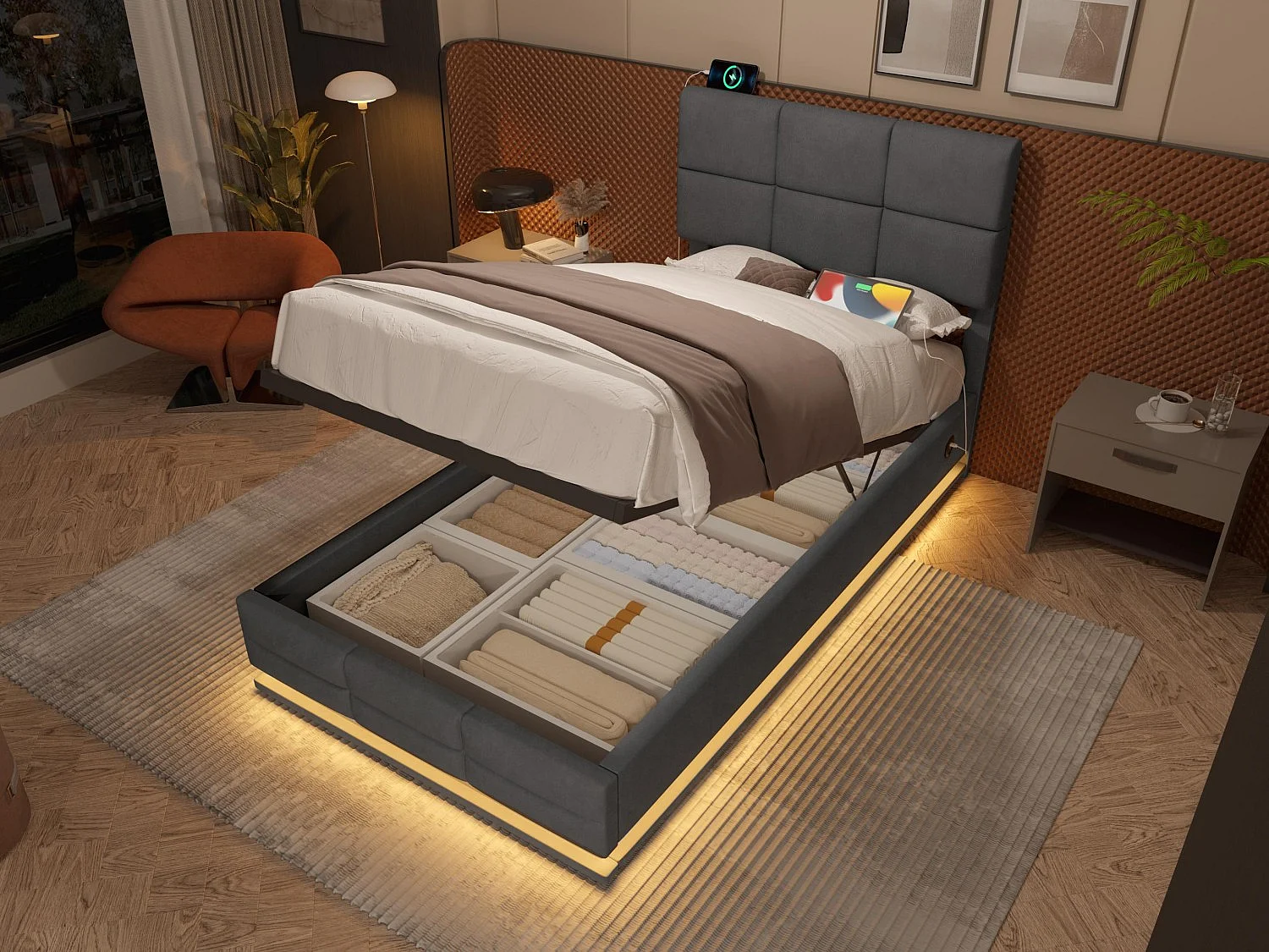 Lit Coffre 90×200 cm Velours Gris - Lit Rembourré – LED Télécommandé + Port USB – Rangement Hydraulique – Style Moderne avec Motif Matelassé