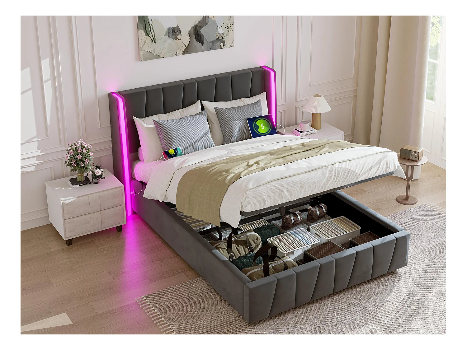 Lit coffre 160×200 cm - Lit rembourré en velours gris - avec tête de lit haute - LED et ports USB + Type‑C – Confort, style et praticité