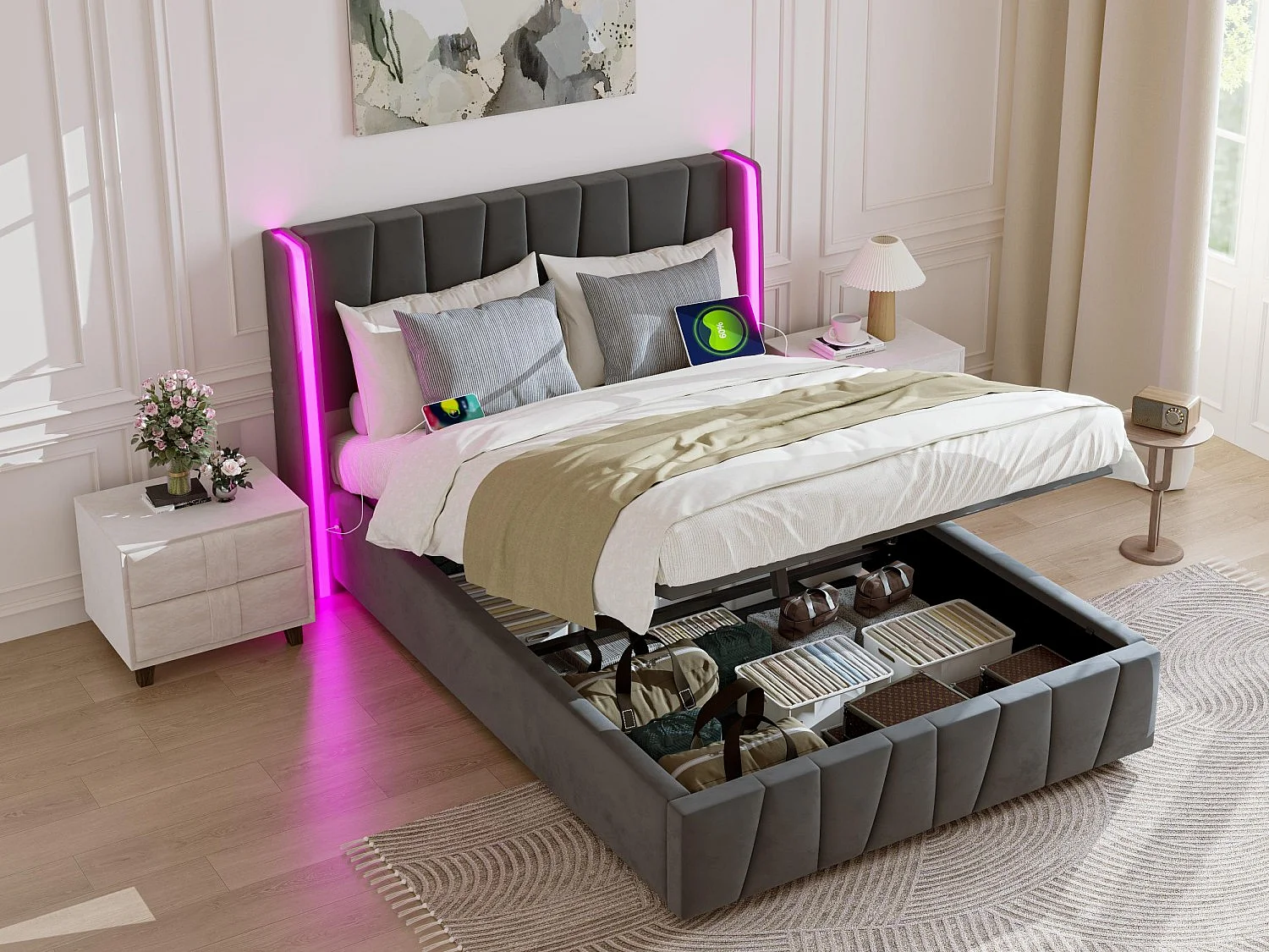 Lit coffre 160×200 cm - Lit rembourré en velours gris - avec tête de lit haute - LED et ports USB + Type‑C – Confort, style et praticité