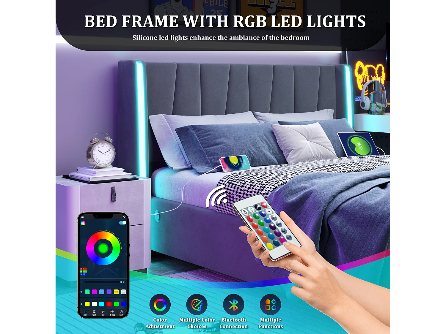 Lit coffre 160×200 cm - Lit rembourré en velours gris - avec tête de lit haute - LED et ports USB + Type‑C – Confort, style et praticité