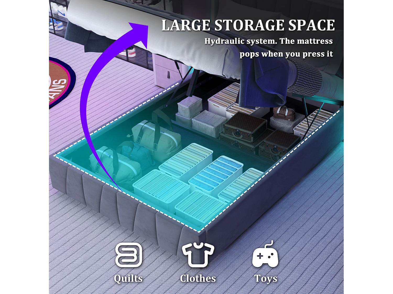 Lit coffre 160×200 cm - Lit rembourré en velours gris - avec tête de lit haute - LED et ports USB + Type‑C – Confort, style et praticité