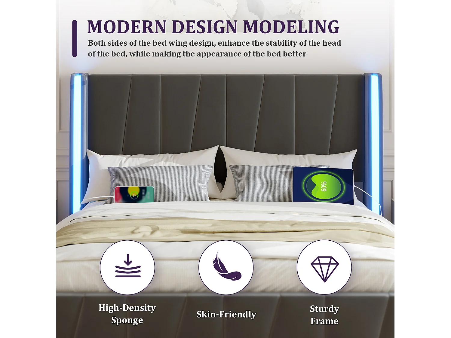 Lit coffre 160×200 cm - Lit rembourré en velours gris - avec tête de lit haute - LED et ports USB + Type‑C – Confort, style et praticité
