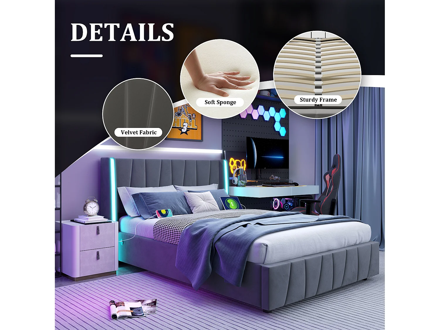 Lit coffre 160×200 cm - Lit rembourré en velours gris - avec tête de lit haute - LED et ports USB + Type‑C – Confort, style et praticité