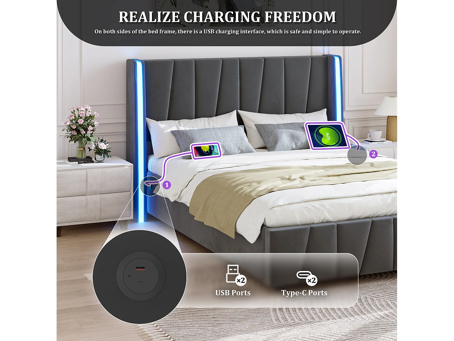 Boxbett 160x200 cm - LED-verlichting in 16 kleuren, zij-USB-aansluiting, hydraulisch opklapbaar opbergbed met onderbed, gepolsterd dubbelbed in fluweelstof