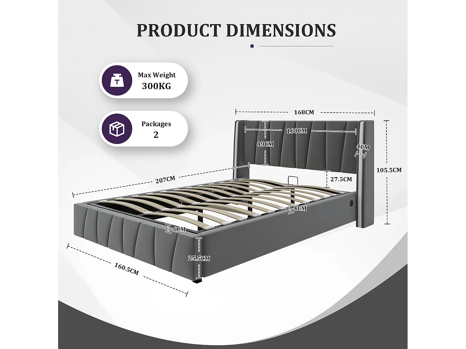 Boxbett 160x200 cm - LED-verlichting in 16 kleuren, zij-USB-aansluiting, hydraulisch opklapbaar opbergbed met onderbed, gepolsterd dubbelbed in fluweelstof
