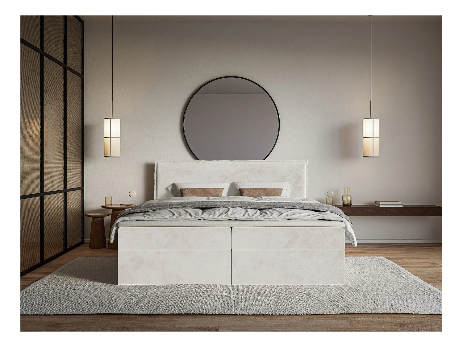 Lit boxspring 160x200 avec surmatelas – en velours déperlant – grège – SOFTIE