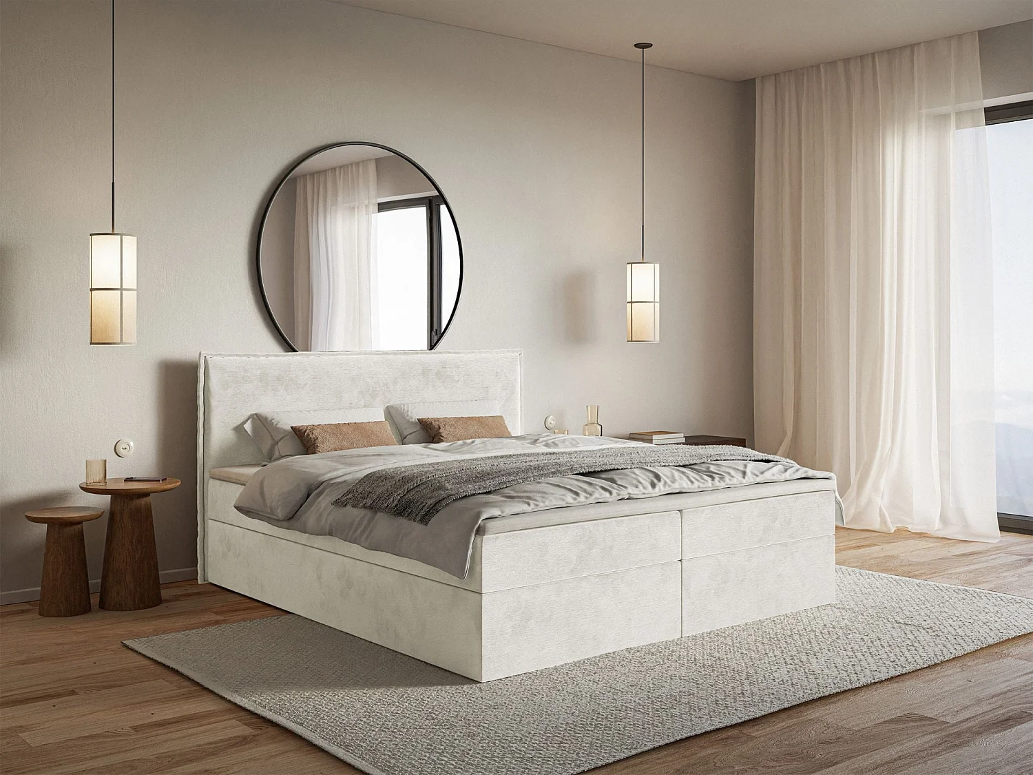 Lit boxspring 160x200 avec surmatelas – en velours déperlant – grège – SOFTIE