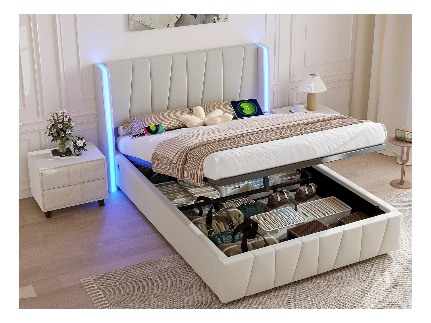 Lit coffre 160×200 cm - Lit rembourré en velours beige - avec tête de lit haute - LED et ports USB + Type‑C – Confort, style et praticité