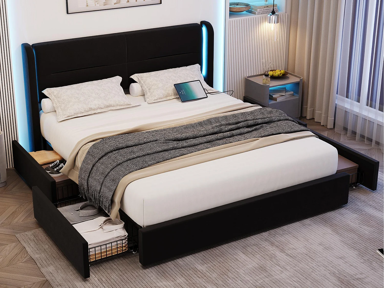 Lit Coffre 140×200 cm - Lit Rembourré en Velours Noir – Tête de Lit LED – 4 Tiroirs  – Ports USB/USB‑C – Style Contemporain