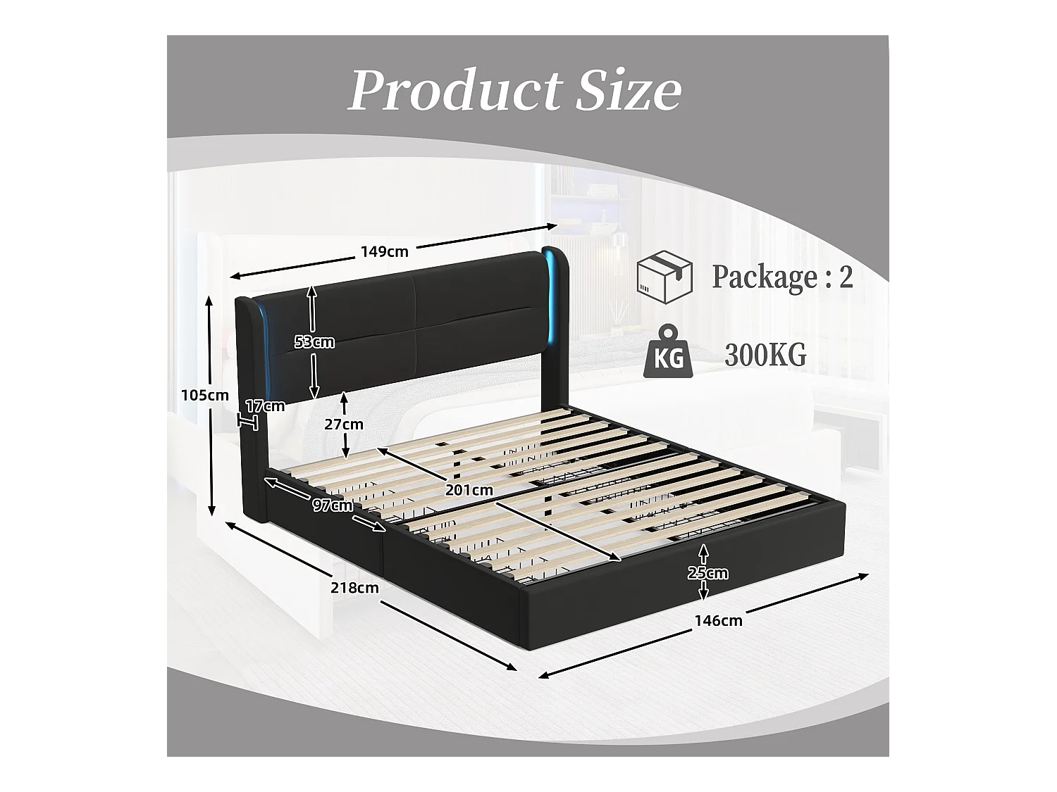 Lit Coffre 140×200 cm - Lit Rembourré en Velours Noir – Tête de Lit LED – 4 Tiroirs  – Ports USB/USB‑C – Style Contemporain