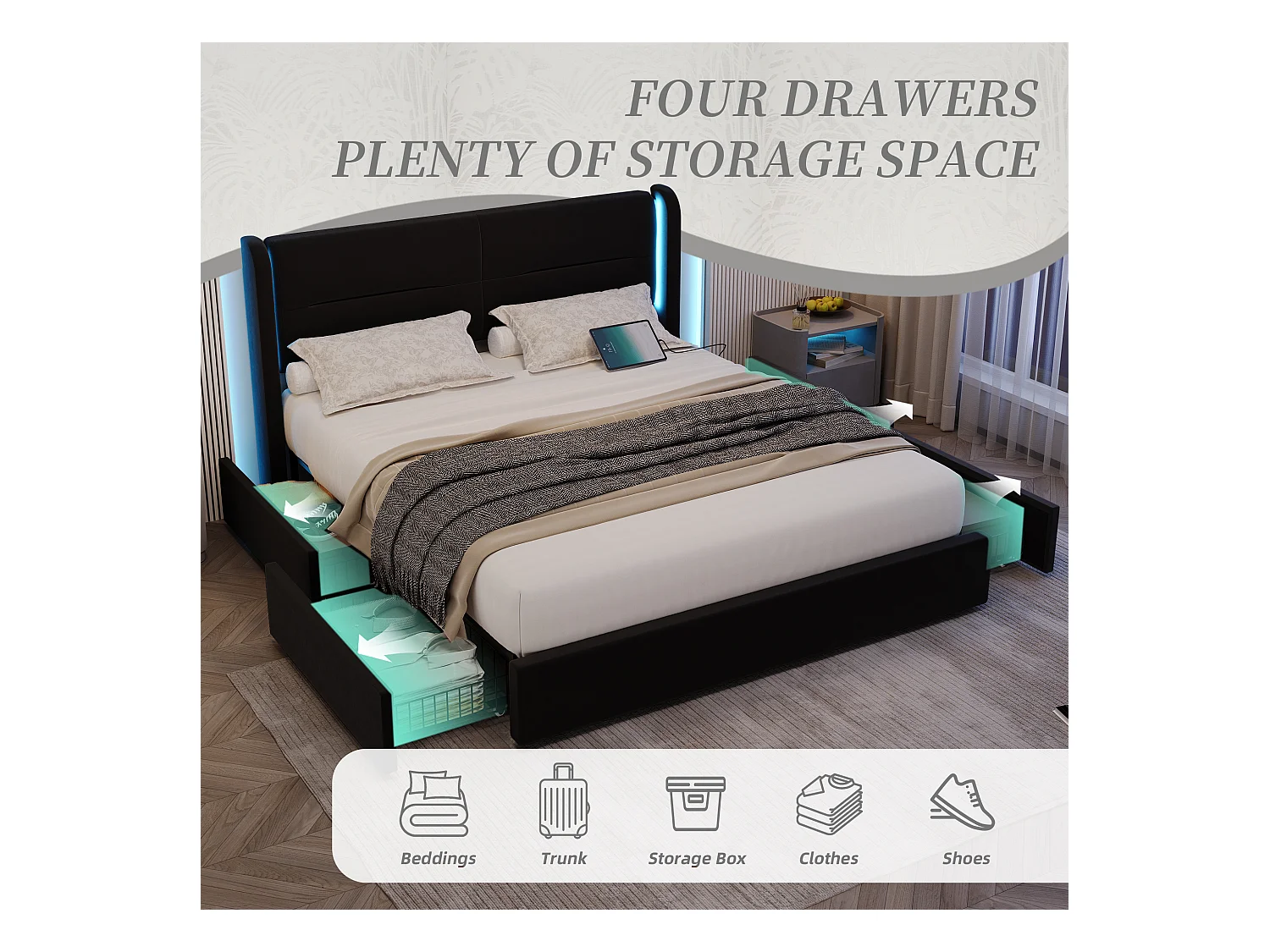 Lit Coffre 140×200 cm - Lit Rembourré en Velours Noir – Tête de Lit LED – 4 Tiroirs  – Ports USB/USB‑C – Style Contemporain