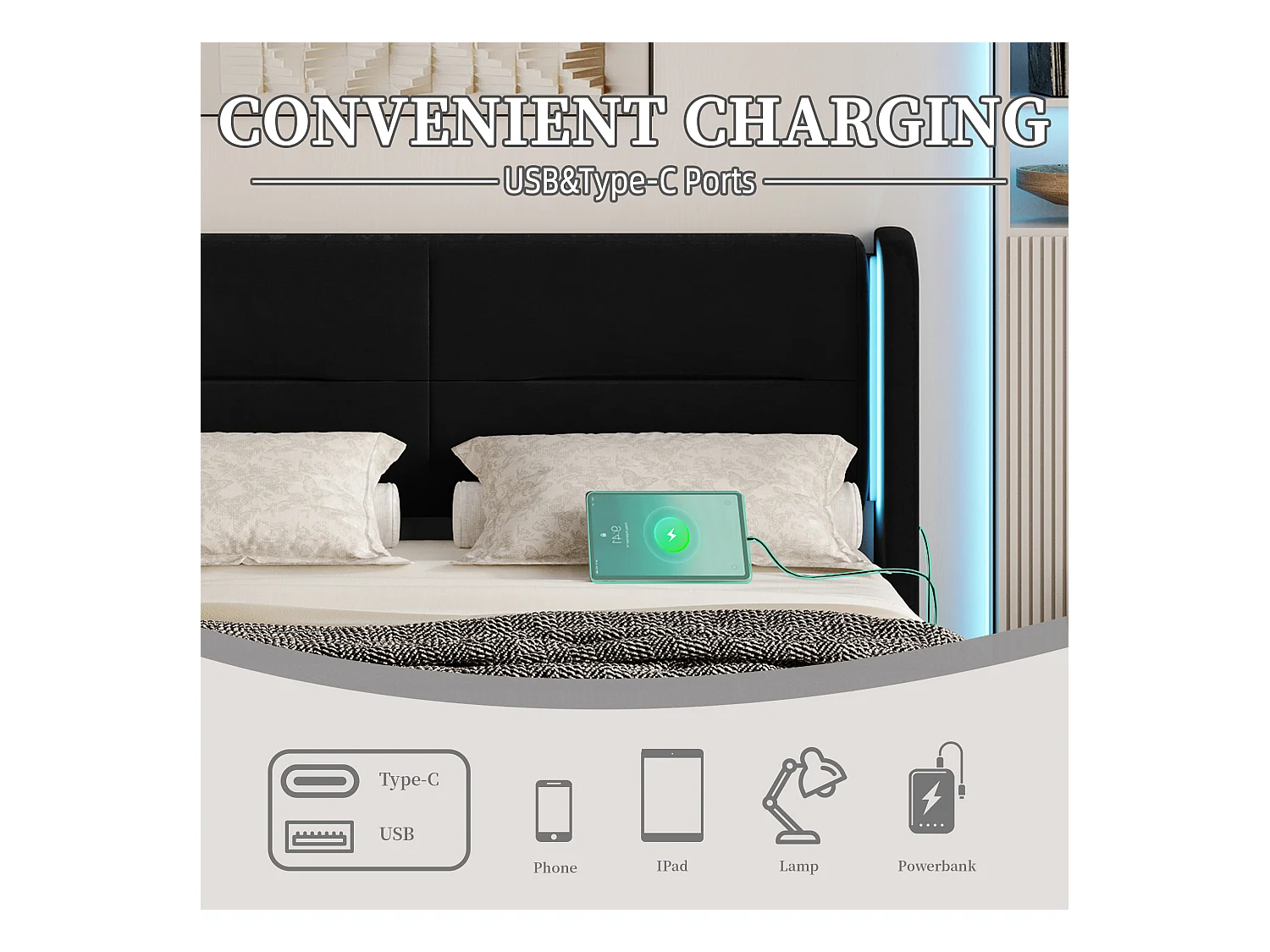 Lit Coffre 140×200 cm - Lit Rembourré en Velours Noir – Tête de Lit LED – 4 Tiroirs  – Ports USB/USB‑C – Style Contemporain