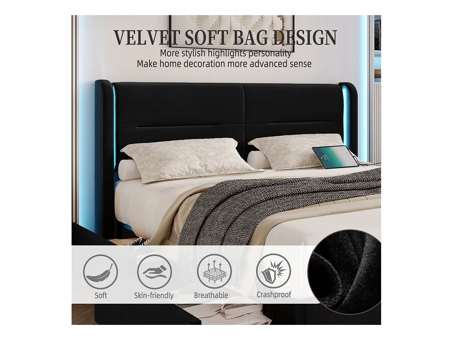 Lit Coffre 140×200 cm - Lit Rembourré en Velours Noir – Tête de Lit LED – 4 Tiroirs  – Ports USB/USB‑C – Style Contemporain