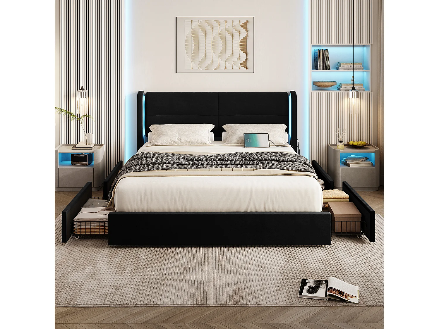 Lit Coffre 140×200 cm - Lit Rembourré en Velours Noir – Tête de Lit LED – 4 Tiroirs  – Ports USB/USB‑C – Style Contemporain