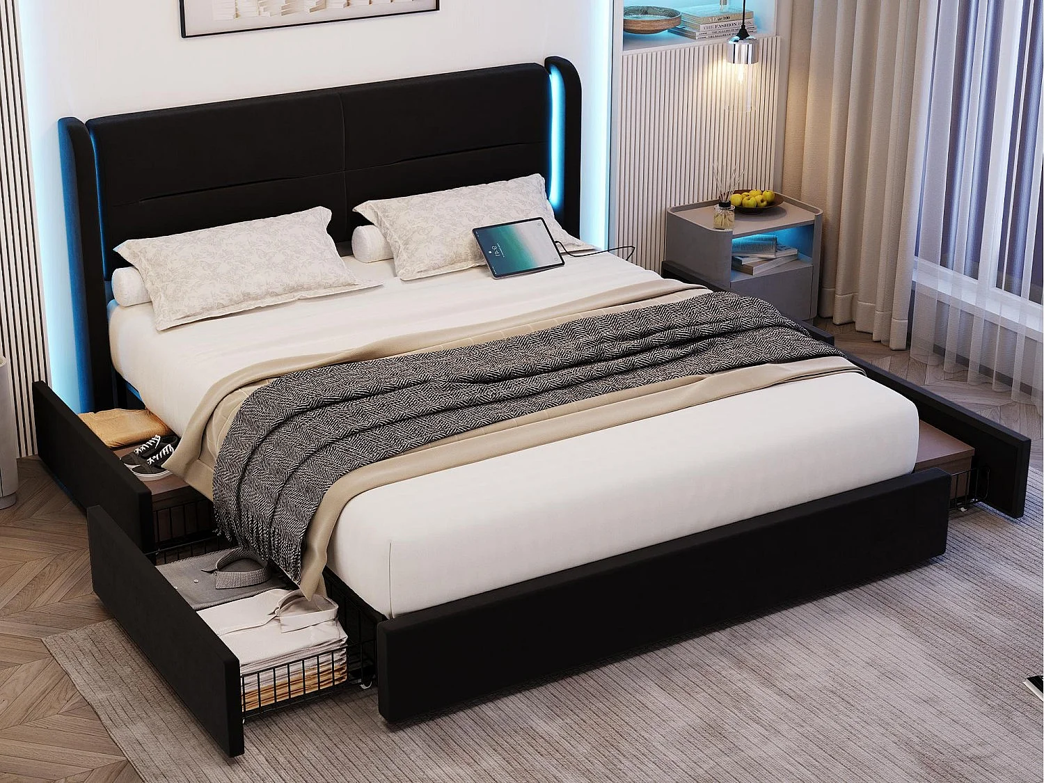 Modern fluwelen bed (140x200) met slimme verlichting - 4 opberglades, USB-C en app-besturing