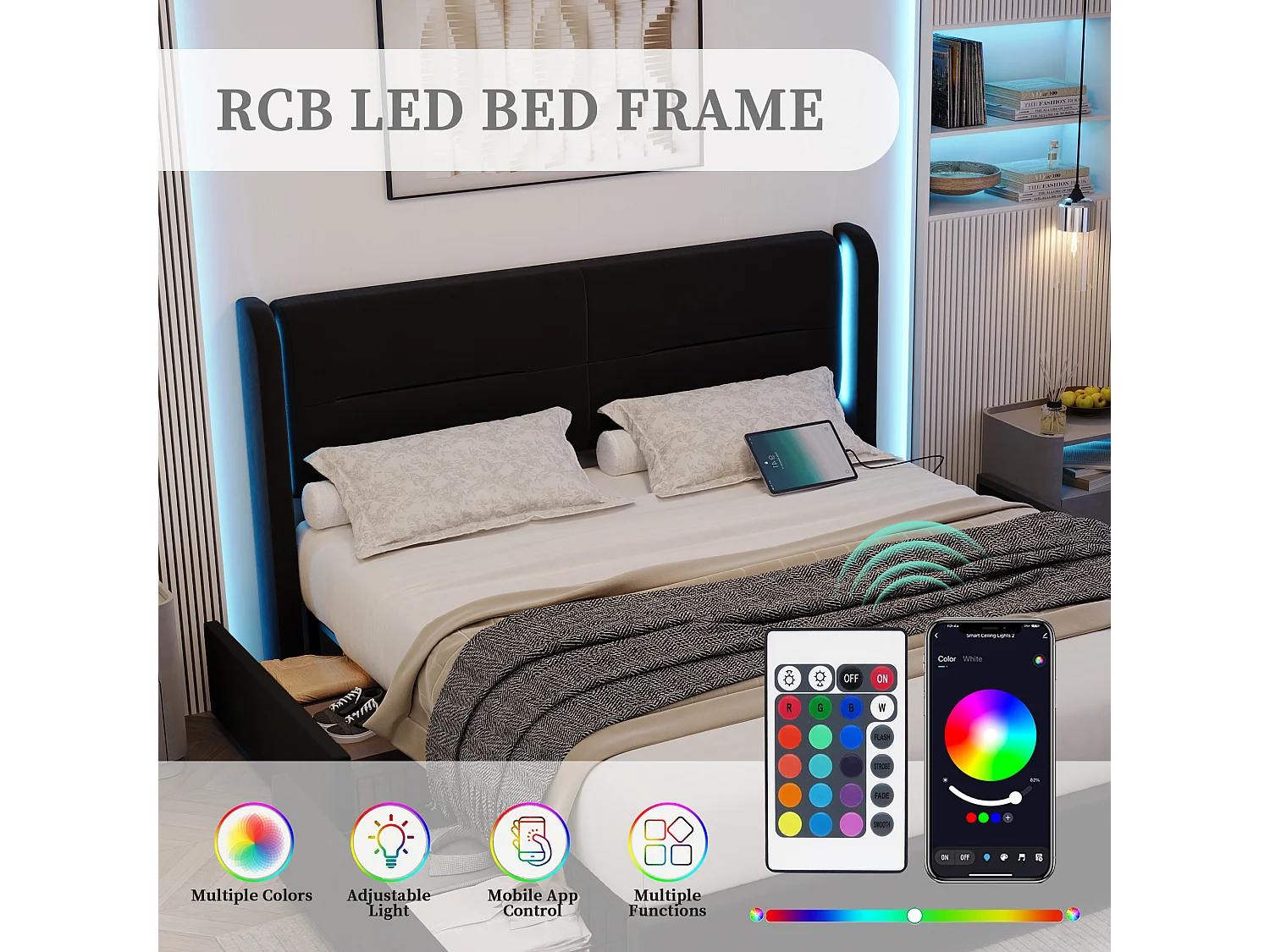 Modern fluwelen bed (140x200) met slimme verlichting - 4 opberglades, USB-C en app-besturing