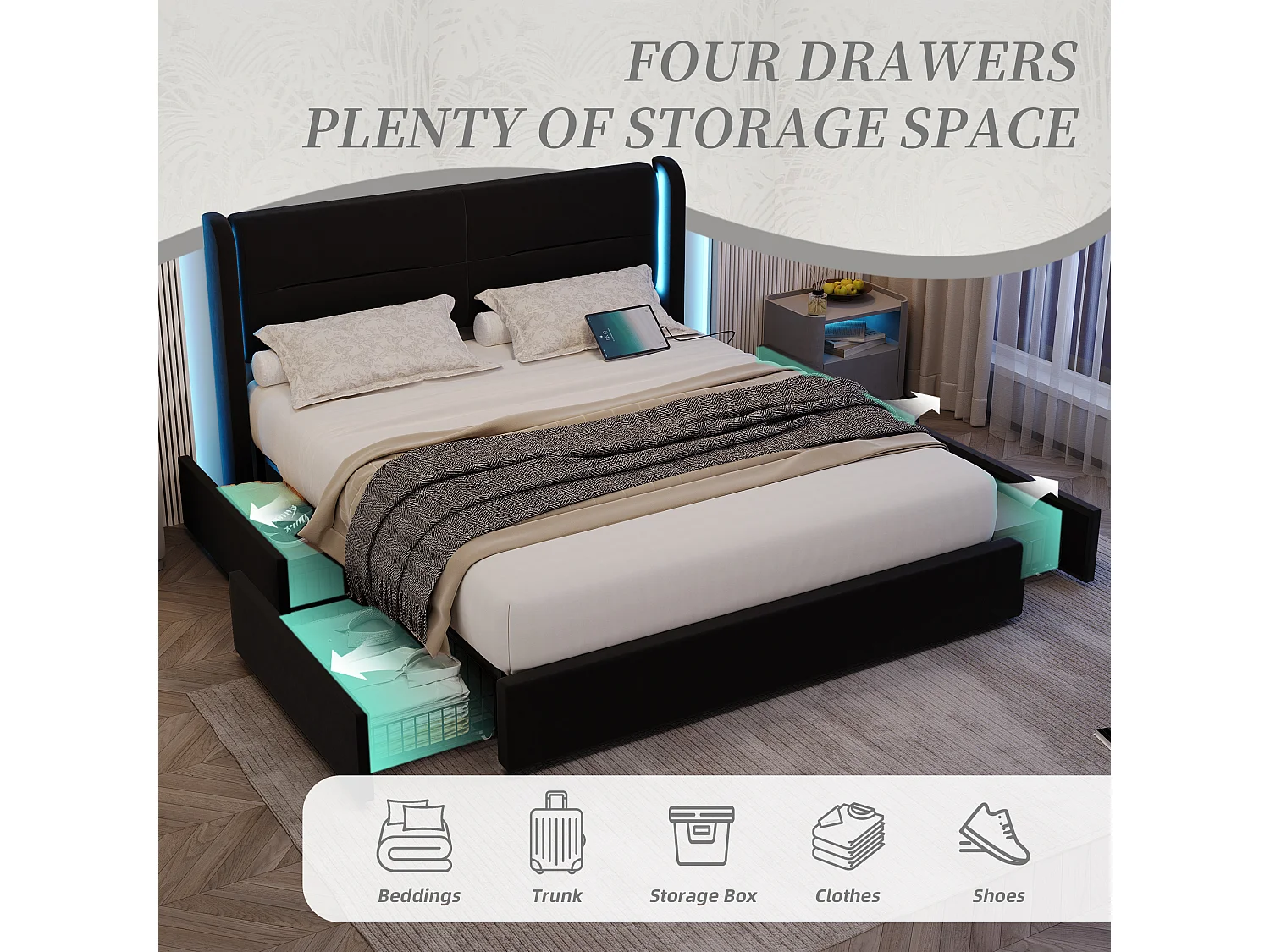 Modern fluwelen bed (140x200) met slimme verlichting - 4 opberglades, USB-C en app-besturing