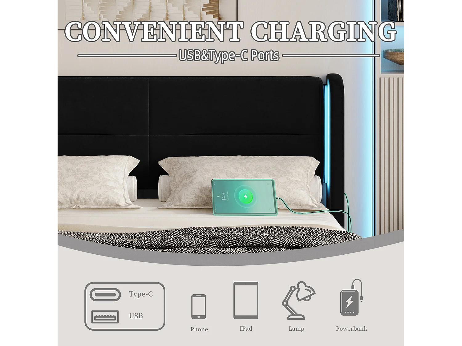 Modern fluwelen bed (140x200) met slimme verlichting - 4 opberglades, USB-C en app-besturing