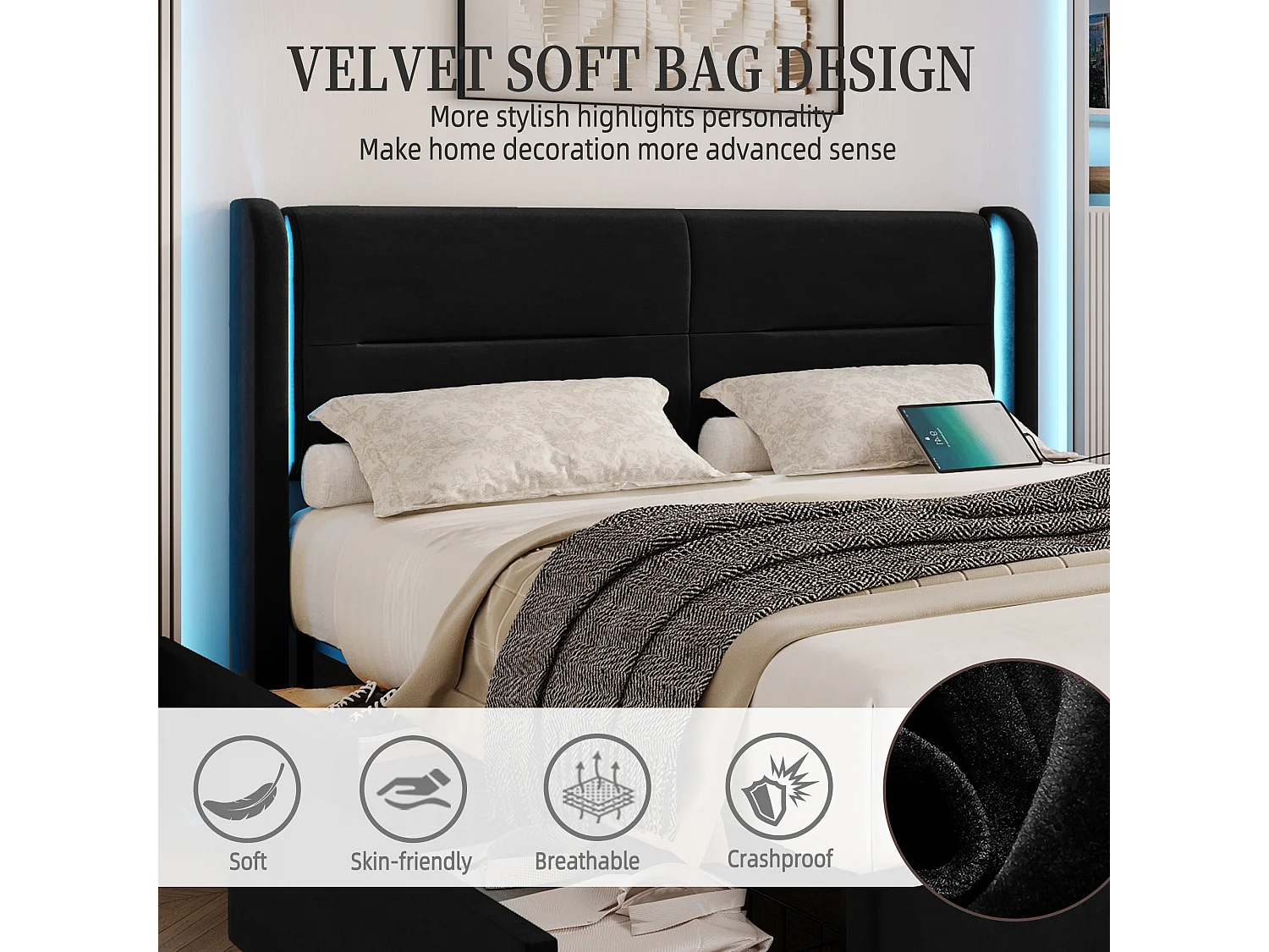 Modern fluwelen bed (140x200) met slimme verlichting - 4 opberglades, USB-C en app-besturing