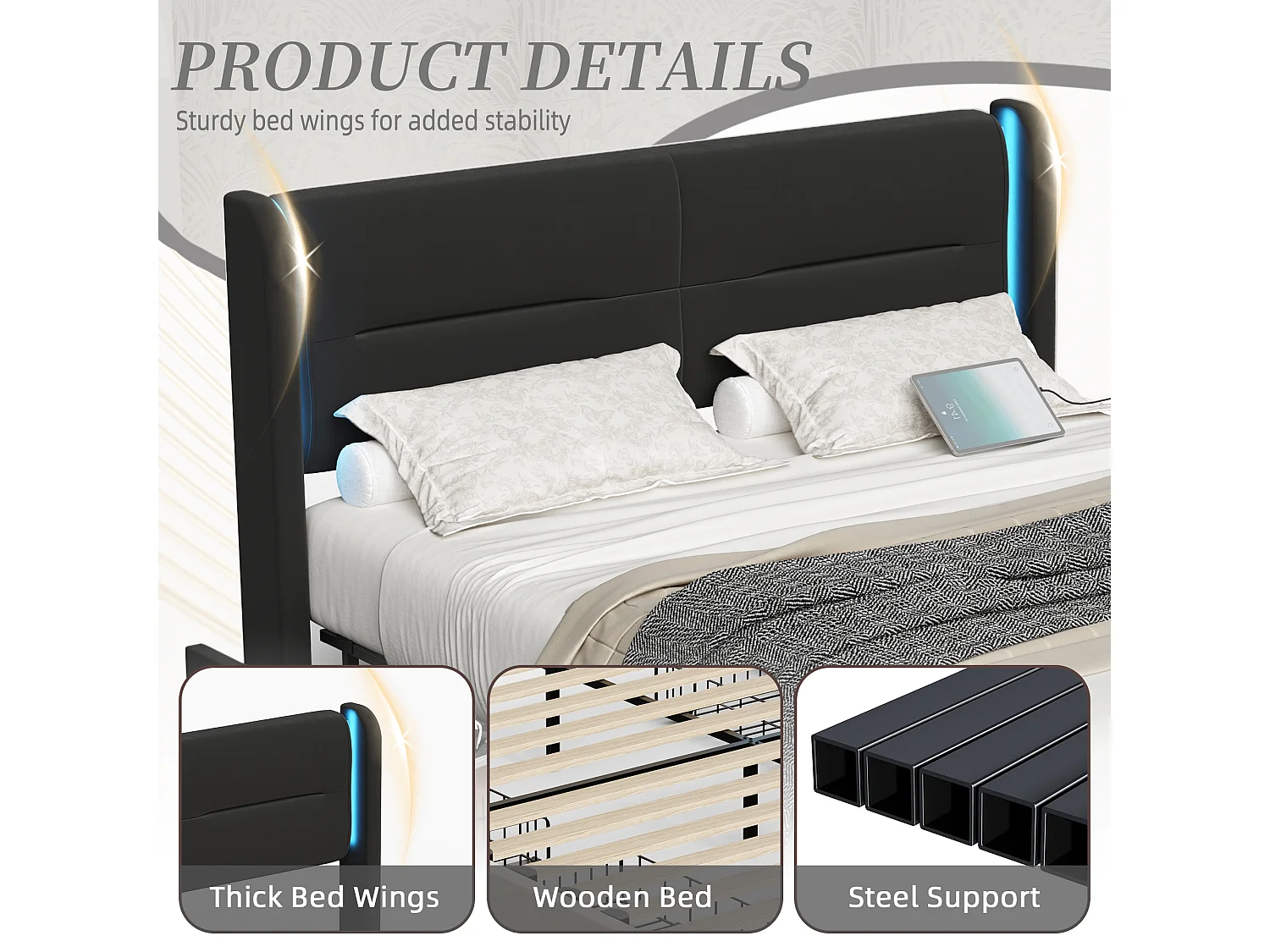 Modern fluwelen bed (140x200) met slimme verlichting - 4 opberglades, USB-C en app-besturing