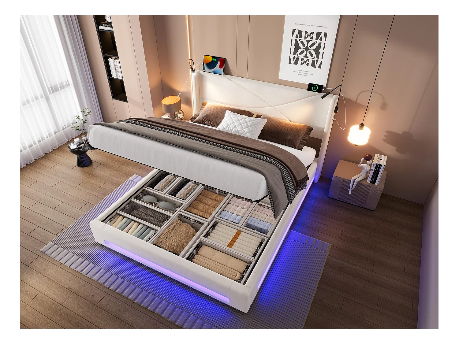 Lit Coffre 160×200 cm - Lit  Rembourré en Velours Beige – Motif Matelassé en Lignes - Lampe de Lecture + LED/USB – Coffre Hydraulique – Style Contemporain